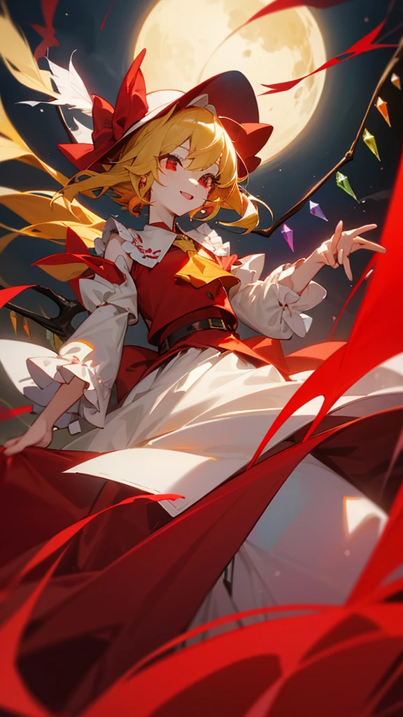 masterpiece、Highest quality、Very detailed、８Ｋ、One Vampire Girl、Oriental Project、Flandre．scarlet、Delicate and fine skin、Yellow Hair、Red Eyes
、Sleeves from the shoulders、The collar around the neck is white.、Others are wearing red blouses、Yellow ribbon at chest、White ribbon on waist、Red Skirt、smile、Wearing a white nightcap with a red ribbon、Branch-like feathers with diamond-shaped jewels、Red Mansion、