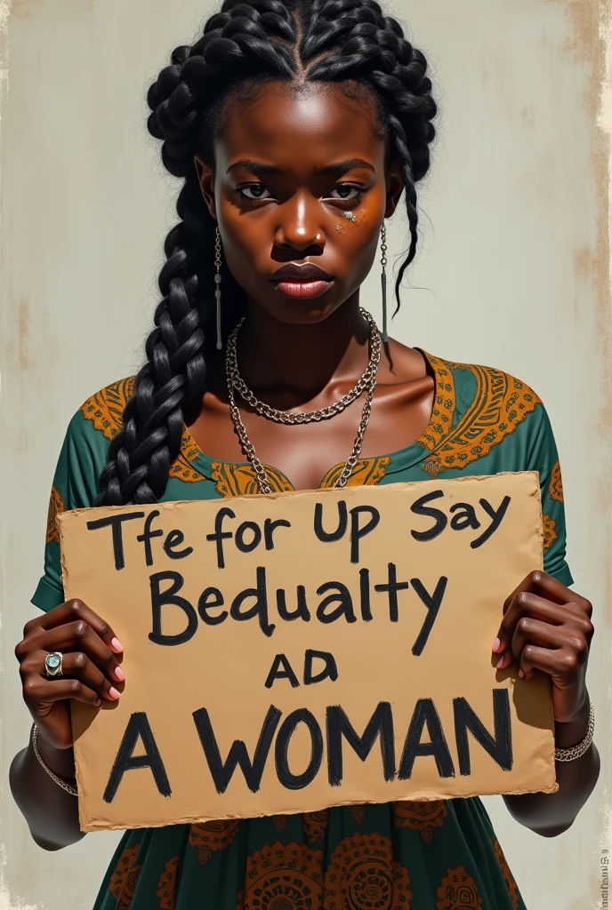 A beautiful IGBO Light skin -lady with African braids hairstyle and Igbo wrapper carrying board written “we’re not equal to men” with tears on her face.