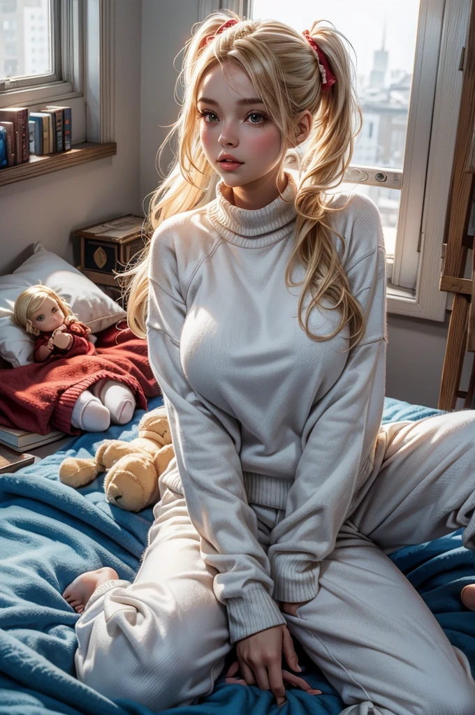 Perfect face, cute girl, big breasts, blonde 2 ponytails, red sweater, white baggy track pant, sitting on the bed next to window, dolls and books scattered on bed, blue colour blanket, cold weather