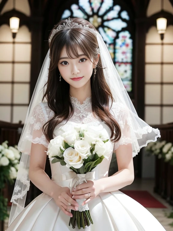 Photo-realistic quality、a woman in a Wedding dress holding a bouquet of flowers、Standing in front of the church、20 year old Japanese model、白のWedding dress,Hanae Mori style wedding dress、Japan idols at 20 years old、lace prom dresses、looking at the camera、Detailed and beautiful eyes、Cute smile、Relaxed and gentle expression、a close up of a woman in a Wedding dress holding a bouquet, Wedding dress, So magical and dreamy、Blur the background a lot、300ｍｍ F2.Shot with 8 lenses