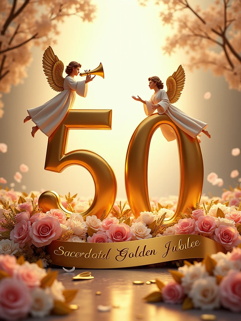 Create a visually stunning and celebratory scene featuring a golden number 50 placed vertically on the left side of the image, lying on a bed of lush bouquets of pink and white flowers with golden leaves. At the top of the number 50, place a majestic angel holding a trumpet, as if heralding a grand announcement. Beside the number 50 on the right, position another angel in a welcoming posture, extending a hand as if inviting others to join the celebration. At the bottom of the image, include an elegant golden ribbon flowing gracefully with the words 'Sacerdotal Golden Jubilee' inscribed in a sophisticated font. Ensure the overall composition exudes a sense of reverence, festivity, and honor.