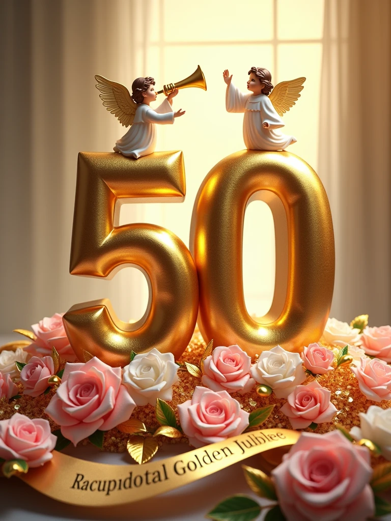 Create a visually stunning and celebratory scene featuring a golden number 50 placed vertically on the left side of the image, lying on a bed of lush bouquets of pink and white flowers with golden leaves. At the top of the number 50, place a majestic angel holding a trumpet, as if heralding a grand announcement. Beside the number 50 on the right, position another angel in a welcoming posture, extending a hand as if inviting others to join the celebration. At the bottom of the image, include an elegant golden ribbon flowing gracefully with the words 'Sacerdotal Golden Jubilee' inscribed in a sophisticated font. Ensure the overall composition exudes a sense of reverence, festivity, and honor.