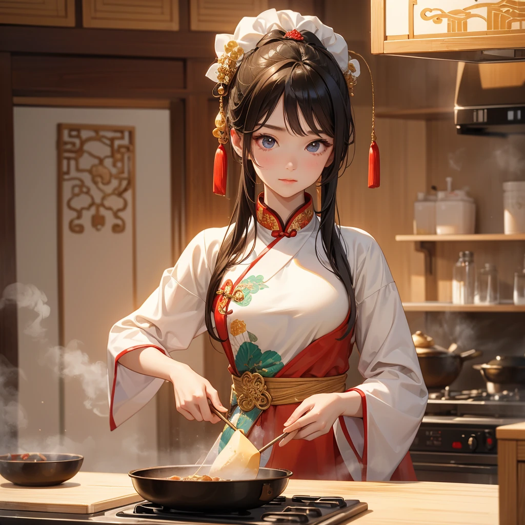 Beautiful girl in ancient Chinese costume Standing and cooking in the kitchen, in the middle of the day. The sun shines on my face, my eyes sparkle. There is a place for steaming steamed buns nearby, close up.