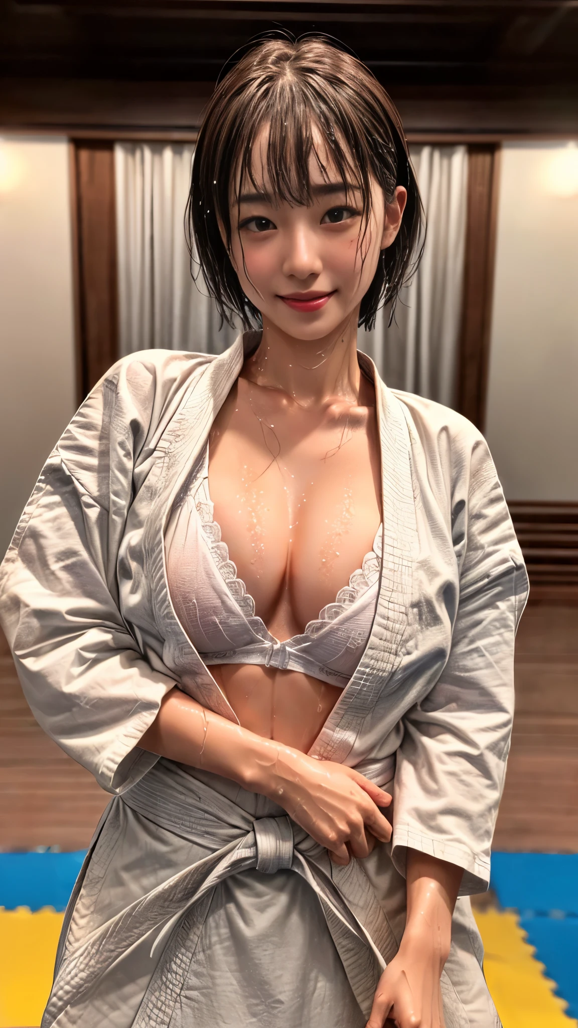 (Tabletop, Highest quality:1.4), Beautiful Face, 8k, 85mm, Absurd, ((Traditional Japanese room（with futon）))、((White floral yukata:1.4))、((Full nudity:1.5))、((Beautiful breasts:1.4))、((Not wearing panties(:1.4)))、(((No underwear:1.4)))、((Pubic hair growing:1.4))、((Accurate female genitalia:1.4))、 ((Cowboy Shot:1.4))、Delicate, alone, ((Short Hair:1.4))、night, View your viewers, Upper Body, Film Grain, chromatic aberration, Sharp focus, Face Light, Professional Lighting, Sophisticated, (Confused expression:1.7), (Simple Background, Bokeh Background:1.2), Detailed aspect