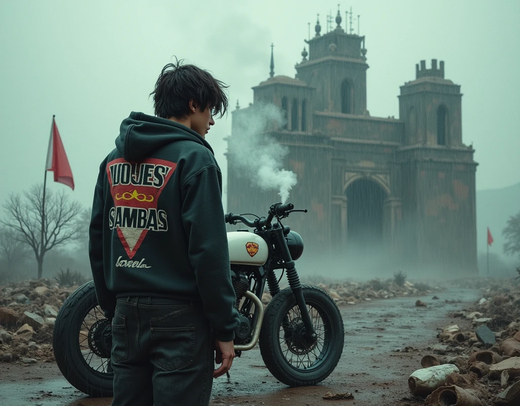 very realistic, Draw a picture of a post-apocalyptic scene where a handsome man wearing a hoodie that says "bojes sambas" and emo-style hair is standing in the middle of the ruins while smoking on a pespa motorbike. Behind the man was a large tanos-shaped building that looked damaged and fragmented, giving the impression of being run down and abandoned. and there are red and white flags, a rainstorm atmosphere, and a calm color palette to add a dystopian feel, 8k ultra full HD.