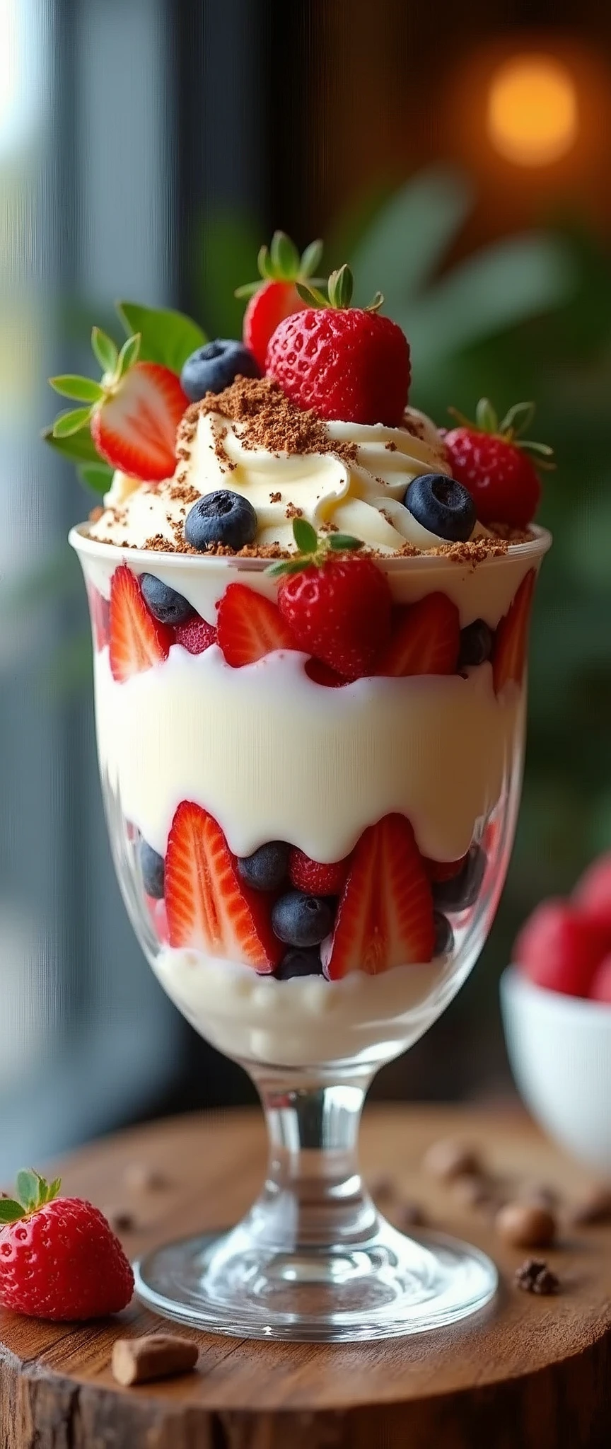 (masterpiece:1.2, Highest quality,Highest quality,Very detailedな:1.2),(Very detailed),8k,(Realistic),(RAW Photos:1.2),Parfait filled with fruits,Delicious cream and chocolate,Cool looking vessel,Stylish cafe,(Cool photos),(Looks delicious photo)