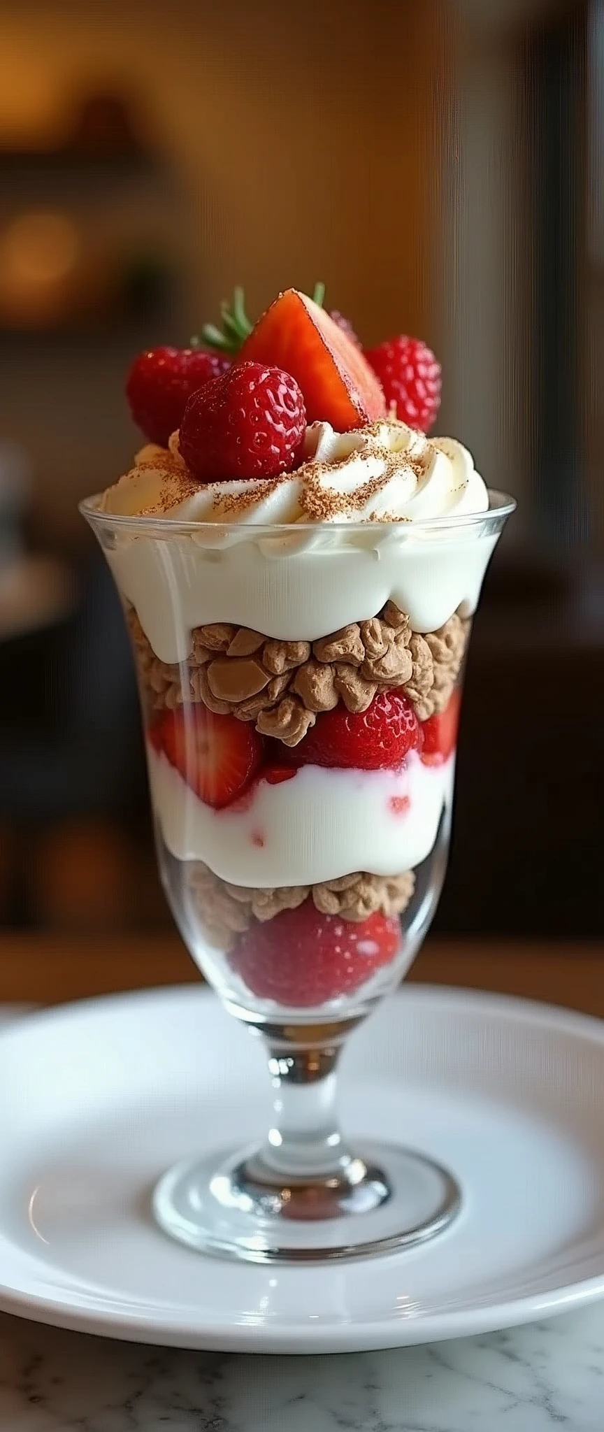 (masterpiece:1.2, Highest quality,Highest quality,Very detailedな:1.2),(Very detailed),8k,(Realistic),(RAW Photos:1.2),Parfait filled with fruits,Delicious cream and chocolate,Cool looking vessel,Stylish cafe,(Cool photos),(Looks delicious photo)