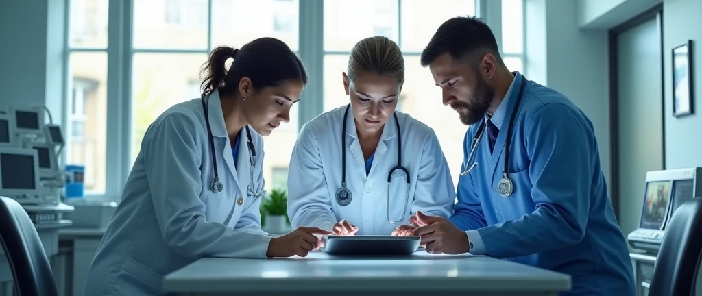 medical professionals, team of skilled doctors collaborating on digital tablet, modern hospital interior, focused determination, sterile clinical ambiance, soft diffused light through large windows, casting gentle shadows