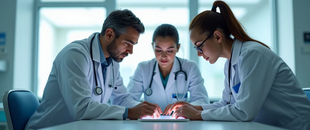 medical professionals, team of skilled doctors collaborating on digital tablet, modern hospital interior, focused determination, sterile clinical ambiance, soft diffused light through large windows, casting gentle shadows