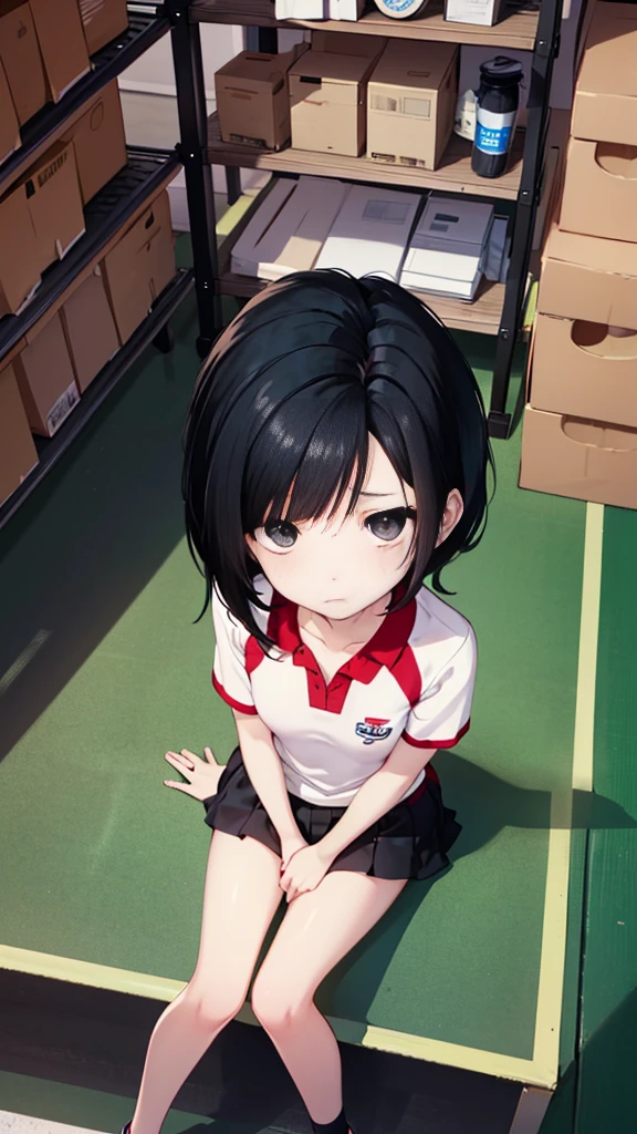 Highest quality、masterpiece、high resolution、nsfw，GlareｚLooking up、half closed eyes 、 bad mood、crotch grab、spread pussy、(From above、Looking up at the viewer、)、(((Black Hair:1.6)))、Narrow eyes:1.3、Grey Eyes、sports warehouse、13 years old、Slender、Thin thighs、Thin arms、Inside the warehouse、Blue Hair、Short Hair、White tennis wear:1.4、tennis racket、(((Girl sitting、Very small breasts、小さな胸Glare、Irritation、)))、Watery eye、