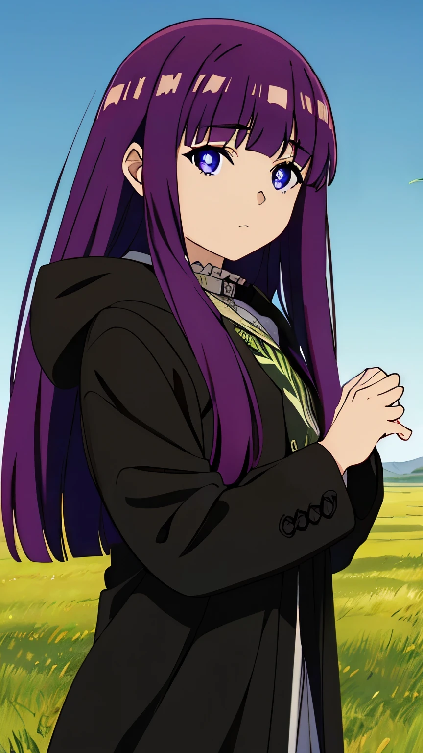 (masterpiece, best quality, high resolution, 8k:1.2), Anime Coloring, ((ultra-detailed)), beautiful detailed eyes, extremely detailed face, perfect lighting, extremely detailed CG, perfect hands, perfect ???????, perfect body, perfect hands, perfect fingers highres, cinematic lighting, atmospheric lighting, solo, (fern_sousounofrieren:1.5), 1girl, (Light purple hair:0.8), purple pupils, (black hooded coat,frilled shirt collar,long sleeves, closed mouth, expressionless, Daytime, blue sky, Grassland), looking at viewer, (Cowboy shot:1.2),