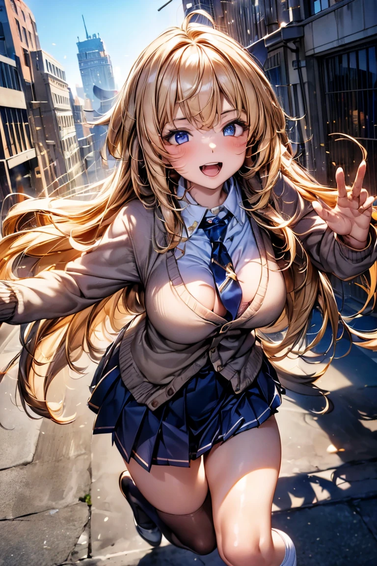 Browsing Caution,(Highest quality, 8k, masterpiece:1.3,beautiful girl), ((I am walking in front of the station。)),(Very detailed)Glowing Skin,(((Long Hair,blonde,Beautiful Hair))),(Perfect Anatomy, Anatomically correct, Very detailed肌),((Golden Eyes)),((Perfect Fingers,Five Fingers)),((Light blue collared shirt, Navy pleated mini skirt, socks, Navy tie, Light brown cardigan, White knee socks)),Pink Panties, Knee-high socks,Knee-high socks on both feet,Double teeth,Big Breasts,Big Ass,In front of the station at noon,((Waving and looking at me)),Smartphone in your right hand,look up,A slightly higher angle, Focus Only,Chase after them,Try to grab their hands,Very smiling