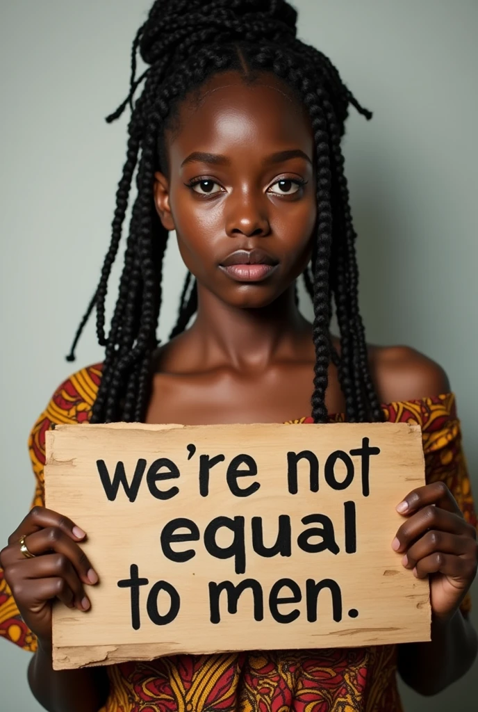 A beautiful IGBO  Light skin -lady with African braids hairstyle and Igbo wrapper carrying board written “we’re not equal to men” with tears on her face.