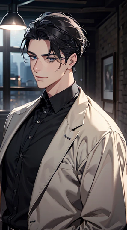 a mature man with short grey Black hair, blue eyes, 31 years, and a perfect face, smiling in love, CEO, cinematic lighting, 1:4 HDR image, top view, ultra detailed, best quality, masterpiece, 8K, photorealistic, beautiful image