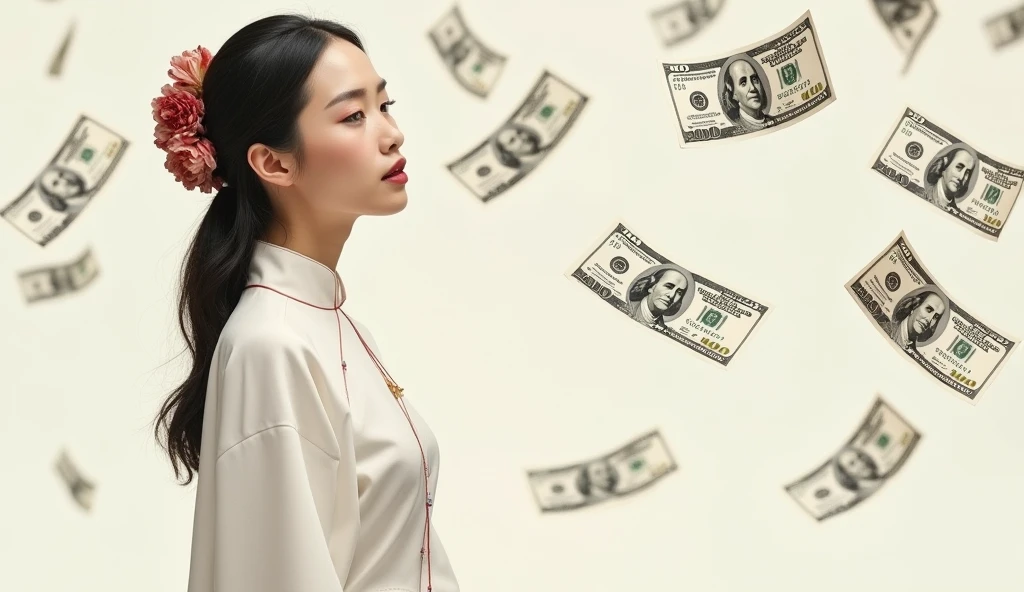 Draw me a Vietnamese model wearing traditional Vietnamese white ao dai. In the background, Make it a backdrop for the $100 bill flying around. Head Shot.