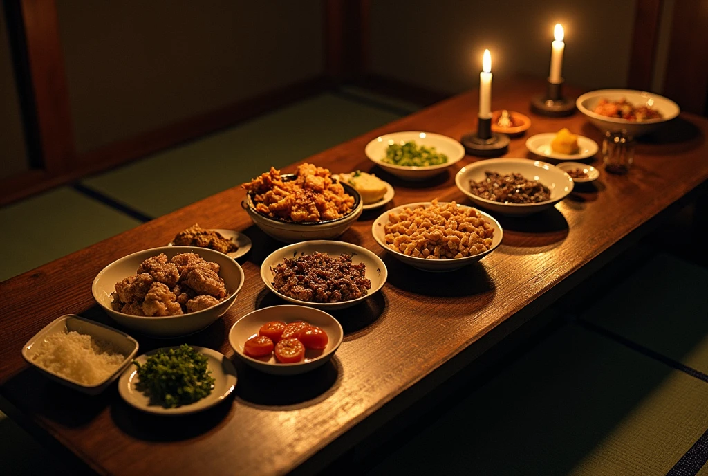 explanation:Abandoned Villages in Japan、 Traditional tatami room、Strange and unidentifiable dishes are lined up on a low table.。Insect cuisine
光の状況: Candlelight、Casting long, dancing shadows。
Camera angle: Shot from above、Looking down at the table。
detailed: The food has a strange color、Unappetizing appearance。Insect cuisine