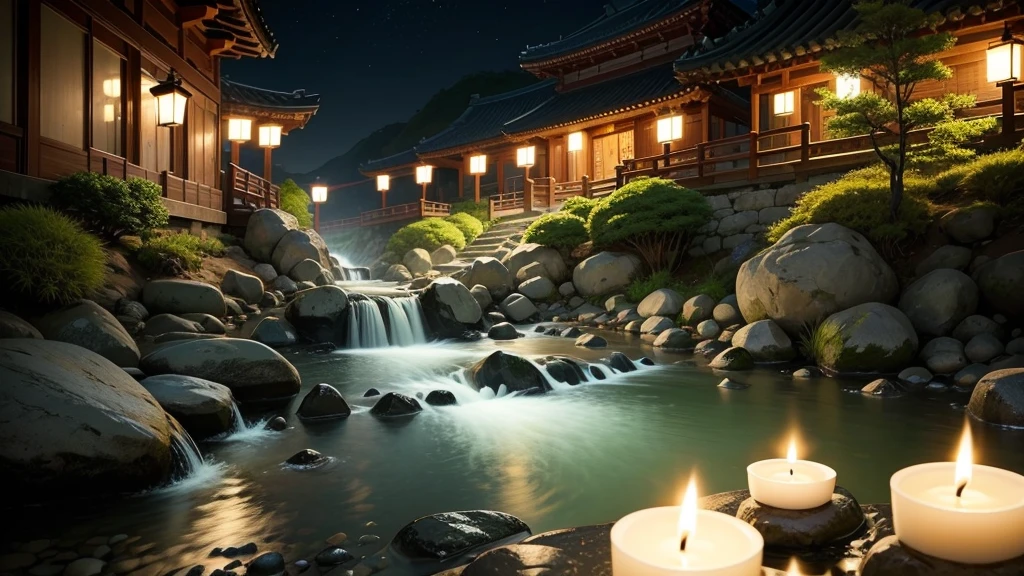 break, calm, recuperation, Heles, Scenery of Korea, night scene, A small stream flowing on the edge, candles, Scales floating in the air