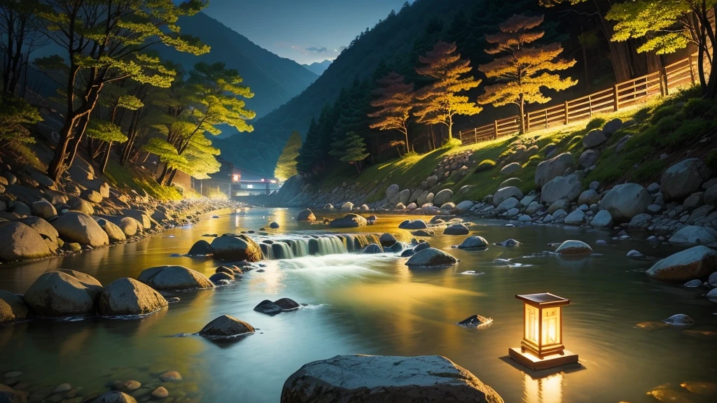 break, calm, recuperation, Heles, Scenery of Korea, night scene, A small stream flowing on the edge, candles, Scales floating in the air