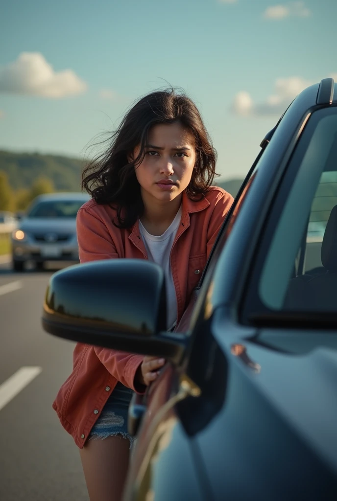(A woman in her early 20s, can’t hold it anymore) (she pull over the car in from of traffic for pit stop) (she is peeing (urgently) at side of the freeway) ( sitting on car with the open car door to hide herself.