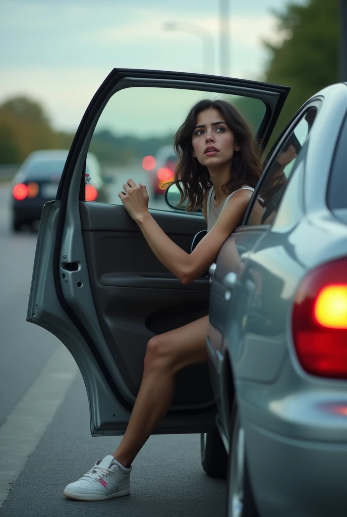  
(A woman in her early 20s, can’t hold it anymore) (she pull over the car in from of traffic for pit stop) (she is peeing (urgently) at side of the freeway) ( sitting on car with the open car door to hide herself.