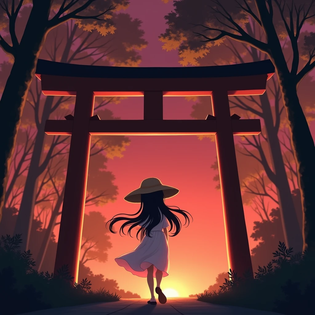 masterpiece, best quality, source_anime,2D、flat、1girl, black hair,long hair、hair is frizzy straw hat、12yo、white dress、red sky、 japanese forest、turn around、Torii, summer、backlighting、shadow、upskirt、dusk、deep shadows:1.2