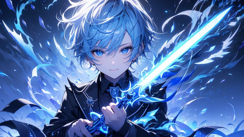 Boy with Black Eyes, Confident Smile, Dressed in a Black Suit and Tie, stands atop a Skyscraper overlooking a Futuristic cityscape. They Have a Sword with a Blue Blade Glowing in One Hand, while the other hand projects a swirling vortex of shimmering silver energy – a representation of their The Power of Technology Manipulation, ((Blue Magic Vortex)), ((Cute anime face)), (Highest quality,4K,8k,High resolution,masterpiece:1.2),Very detailed,(Realistic,photoRealistic,photo-Realistic:1.37),Very detailed目と顔,Long eyelashes,Beautiful attention to detail,Beautiful lip detail,One boy,Blue Magic Vortex,Cute anime face,Dark Suit and Tie,Futuristic cityscape,high tech,Holding a Sword with a Blue Blade Glowing in One Hand,Skyscraper,The Power of Technology Manipulation