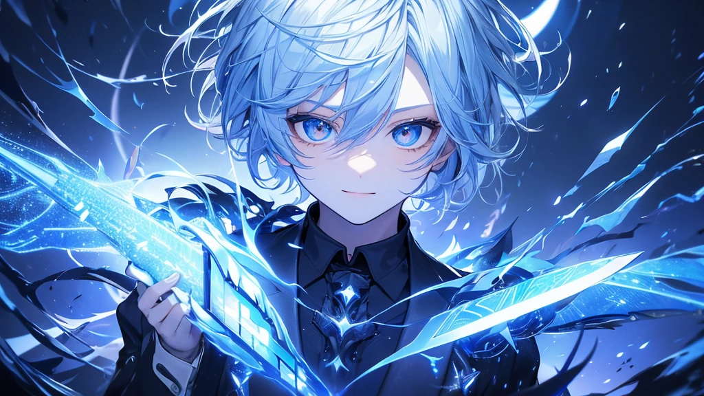 Boy with Black Eyes, Confident Smile, Dressed in a Black Suit and Tie, stands atop a Skyscraper overlooking a Futuristic cityscape. They Have a Sword with a Blue Blade Glowing in One Hand, while the other hand projects a swirling vortex of shimmering silver energy – a representation of their The Power of Technology Manipulation, ((Blue Magic Vortex)), ((Cute anime face)), (Highest quality,4K,8k,High resolution,masterpiece:1.2),Very detailed,(Realistic,photoRealistic,photo-Realistic:1.37),Very detailed目と顔,Long eyelashes,Beautiful attention to detail,Beautiful lip detail,One boy,Blue Magic Vortex,Cute anime face,Dark Suit and Tie,Futuristic cityscape,high tech,Holding a Sword with a Blue Blade Glowing in One Hand,Skyscraper,The Power of Technology Manipulation