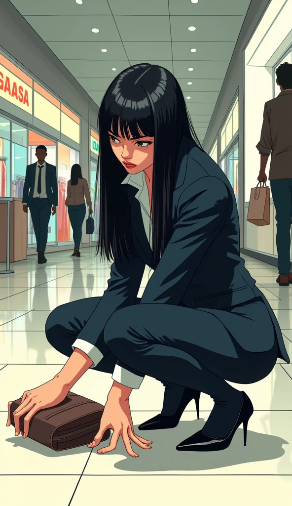 ((A woman with long hair)),In the mall,Shopping,Black straight hair,Ladies suits,((Cold expression)),Japanese comic style,Squatting on the ground to pick up the handbag that fell on the ground