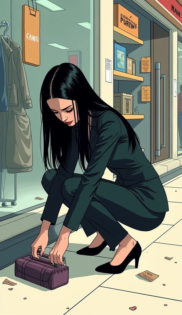 ((A woman with long hair))，In the mall，Shopping，Black straight hair，Ladies suits，((Cold expression))，Japanese comic style，Squatting on the ground to pick up the handbag that fell on the ground