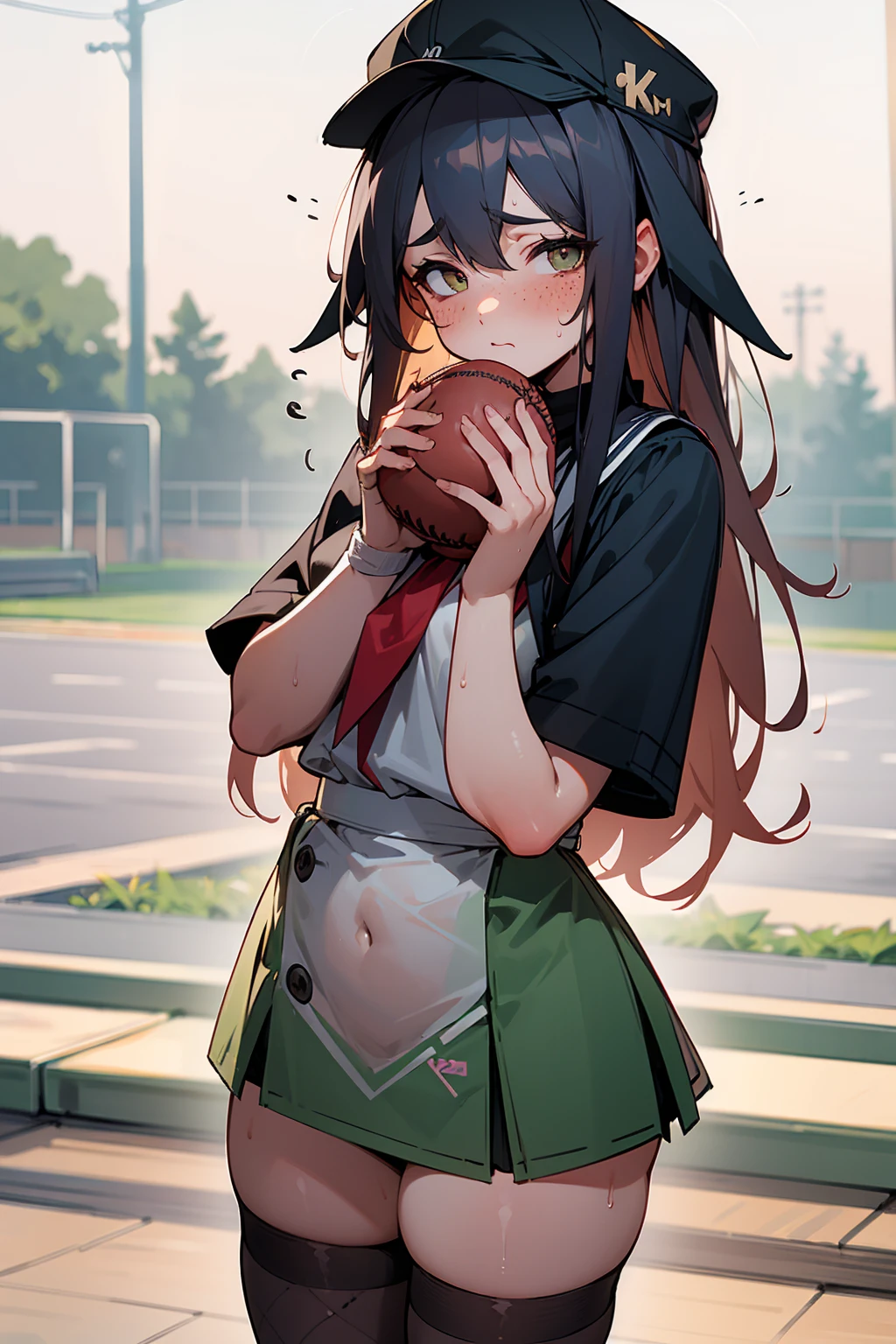 (masterpiece, best quality) (((8K best quality))), ((Intricate details)) ((blush)),wet, Sweating, White skin, Baseball cap, Freckles, ((Akimbo,Holding a baseball)),, NSFW clothing, ((Holding a baseball)), Short skirt, fishnet thighhighs,, beautiful clothes, Perspective material, student, Strike a pose, , Thick thighs, wet clothes, See through clothes, stocking, ((( Thin waist))), cute blush face,