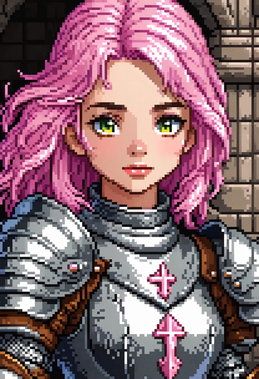 Pixel art, One Girl,A female knight wearing silver armor、Pink Hair、front、Medieval Fantasy, (Highest quality, masterpiece, Representative works, Official Art, Professional, Attention to detail, Super intricate details:1.3),breast enhancement,32bit,Close-up of face