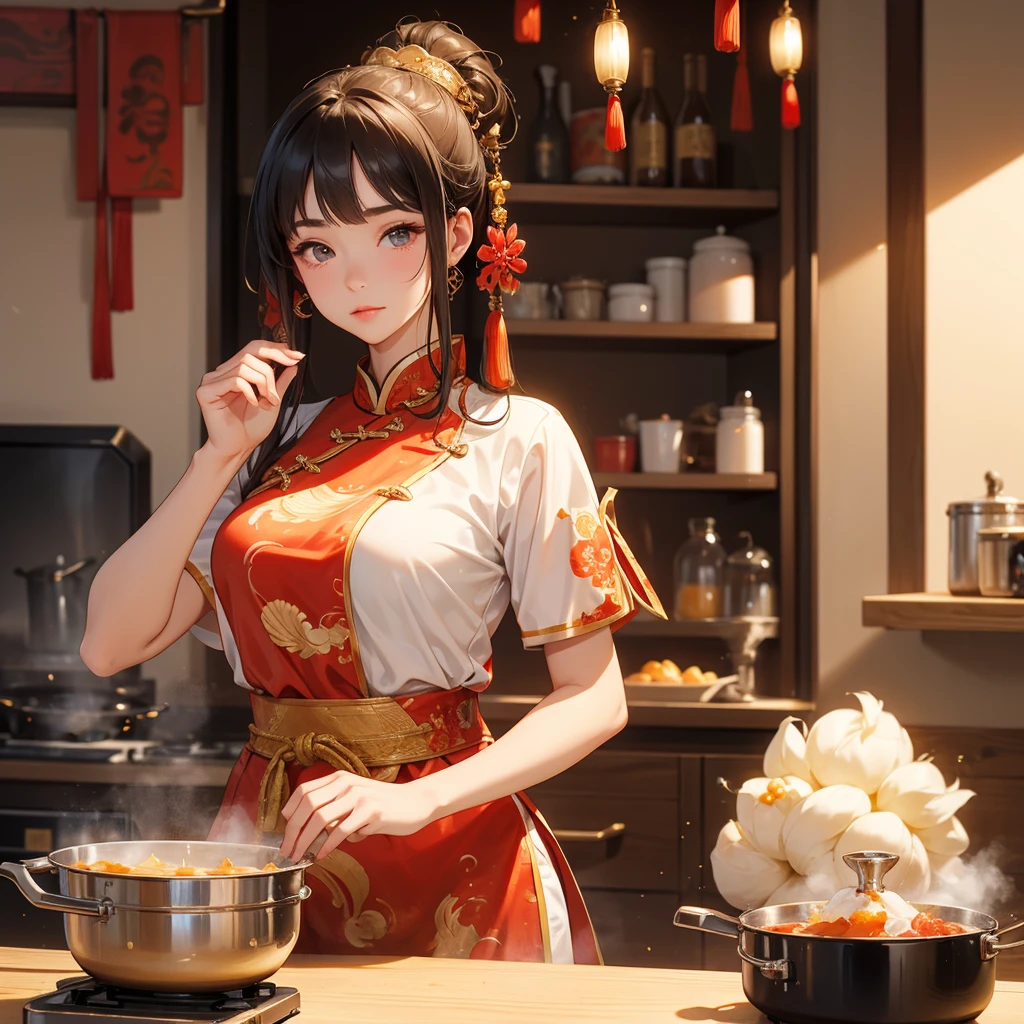 Beautiful girl in ancient Chinese costume Standing and cooking in the kitchen, in the middle of the day. The sun shines on my face, my eyes sparkle. There is a place for steaming steamed buns nearby, close up.