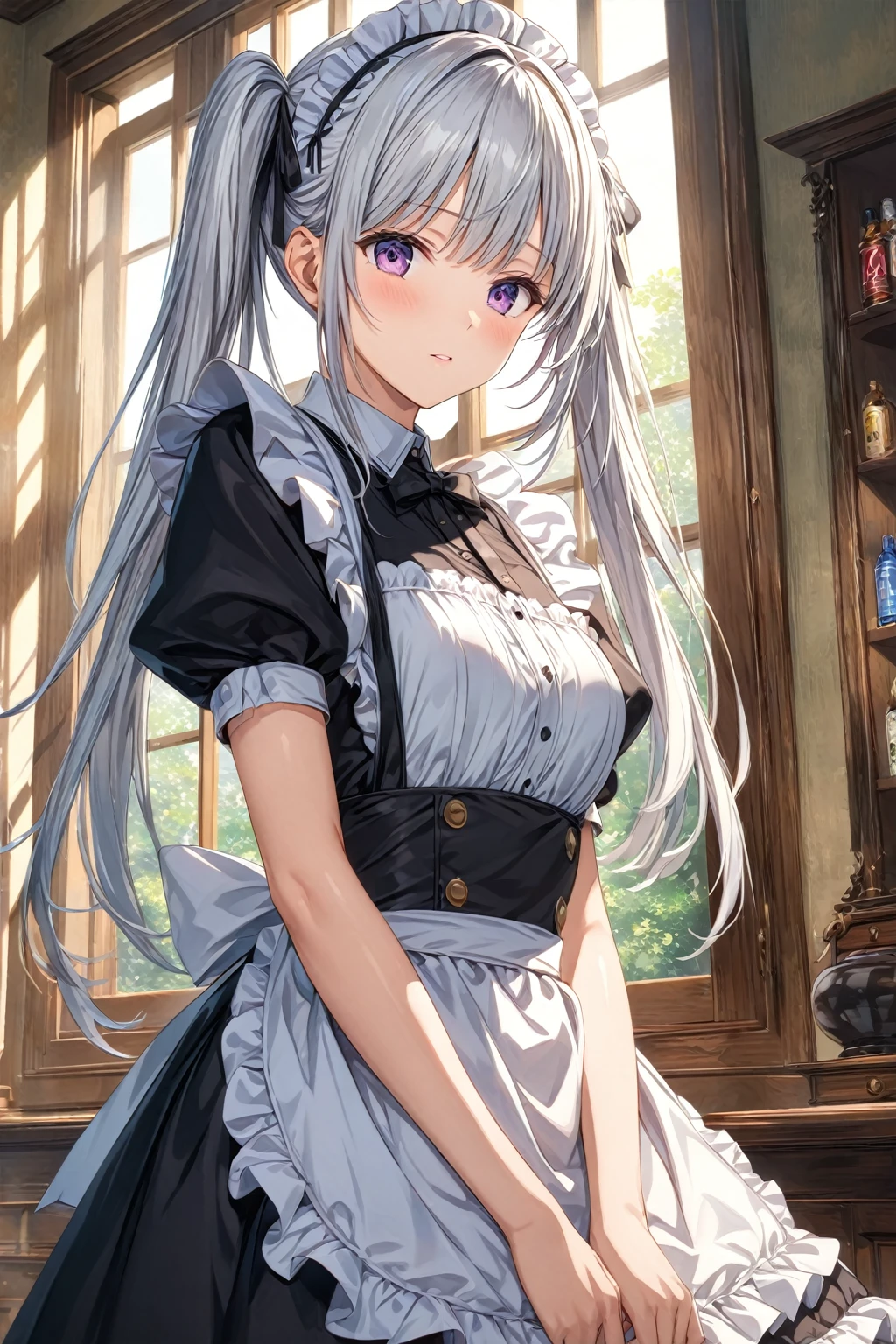 score_9, score_8_up, score_7_up, score_6_up, source_anime,4k,illustration,1girl,solo,White hair,twin tail,long hair,maid's outfit,
highly detailed,best quality,absurdres,detailed,HDR,natural light,