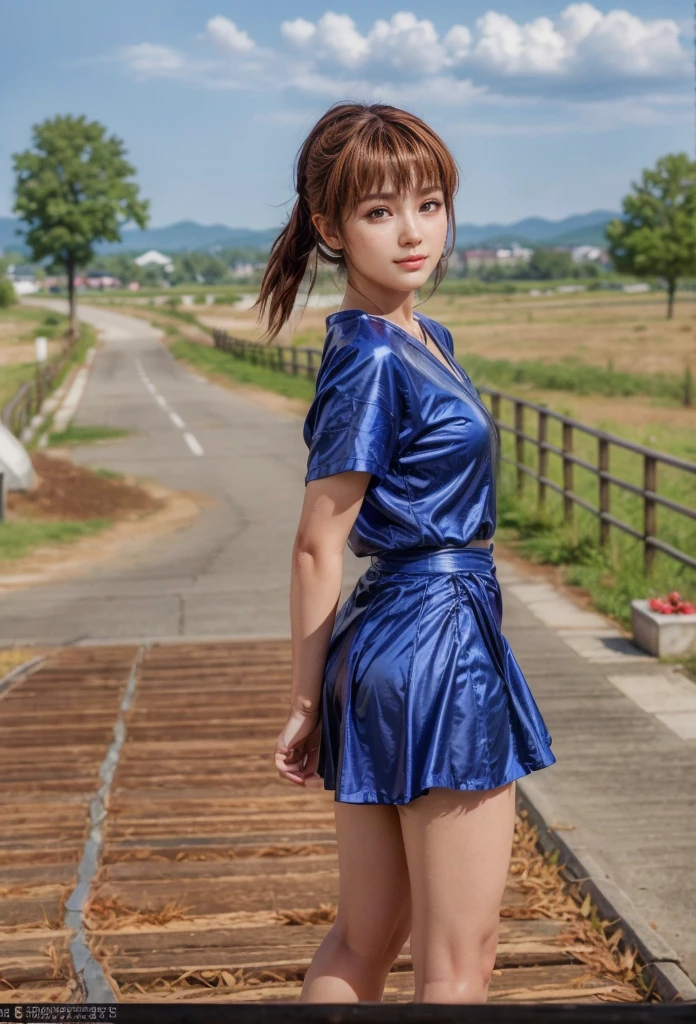 kasumi, eyes browns, (best qualityer, ultra detail), (realisitic:1.37), beautiful and detailed face, ultra-realisitic texture, Exquisite face, Delicate body, red lipgloss stick, shiny colors. High definition, 8k, expression a slight cute smile