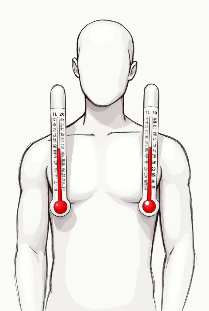 Create a drawing where it is two shoulders, one with. Low thermometer and the other with the high thermometer , where it is shown what real numbers are used for