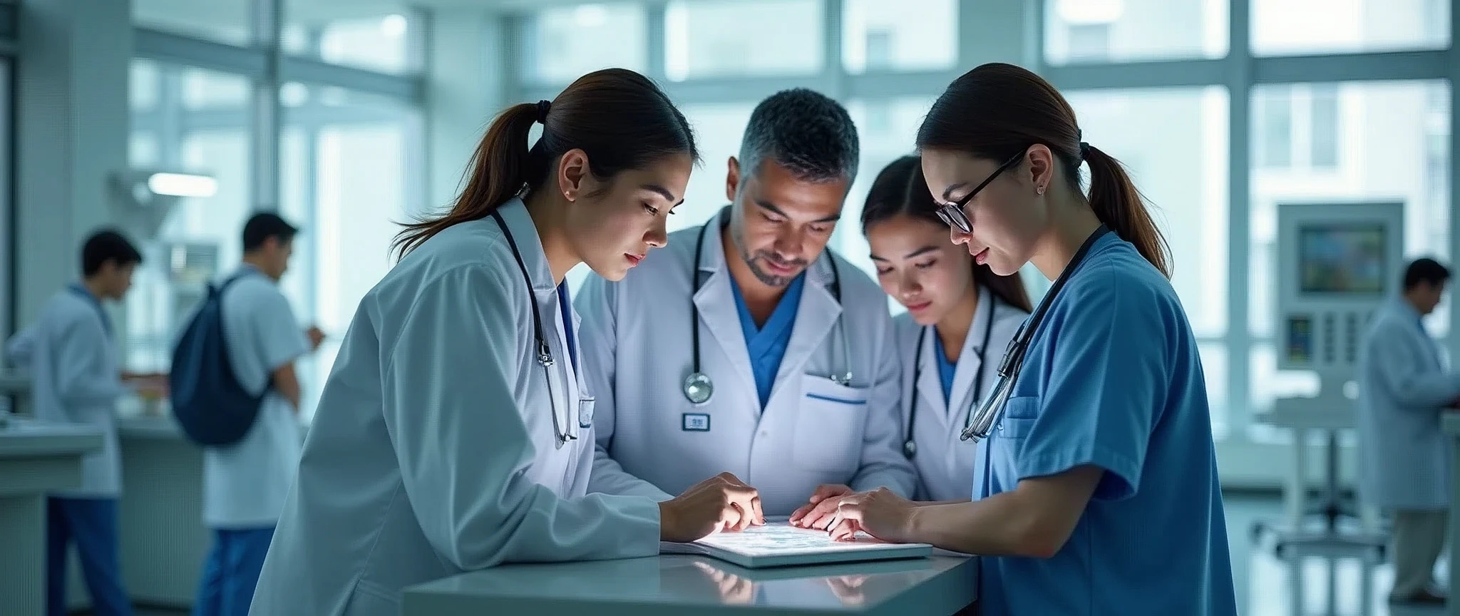 medical professionals, team of skilled doctors collaborating on digital tablet, modern hospital interior, focused determination, sterile clinical ambiance, soft diffused light through large windows, casting gentle shadows