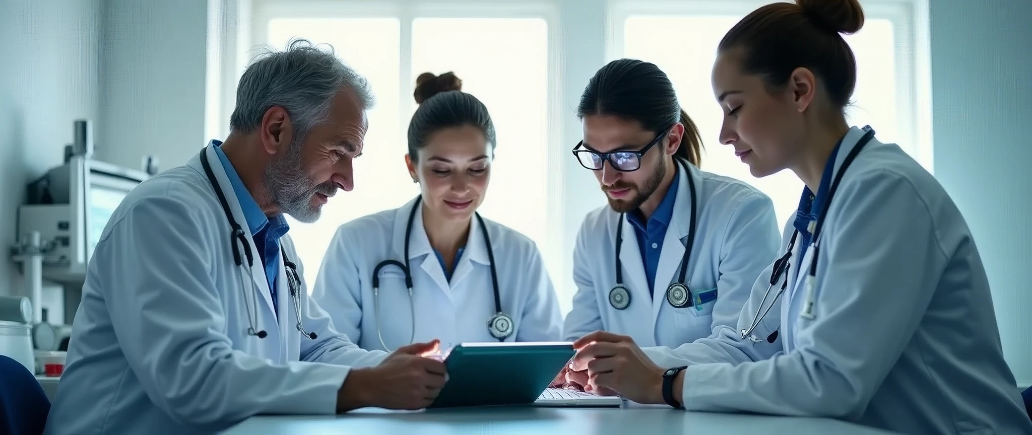 medical professionals, team of skilled doctors collaborating on digital tablet, modern hospital interior, focused determination, sterile clinical ambiance, soft diffused light through large windows, casting gentle shadows