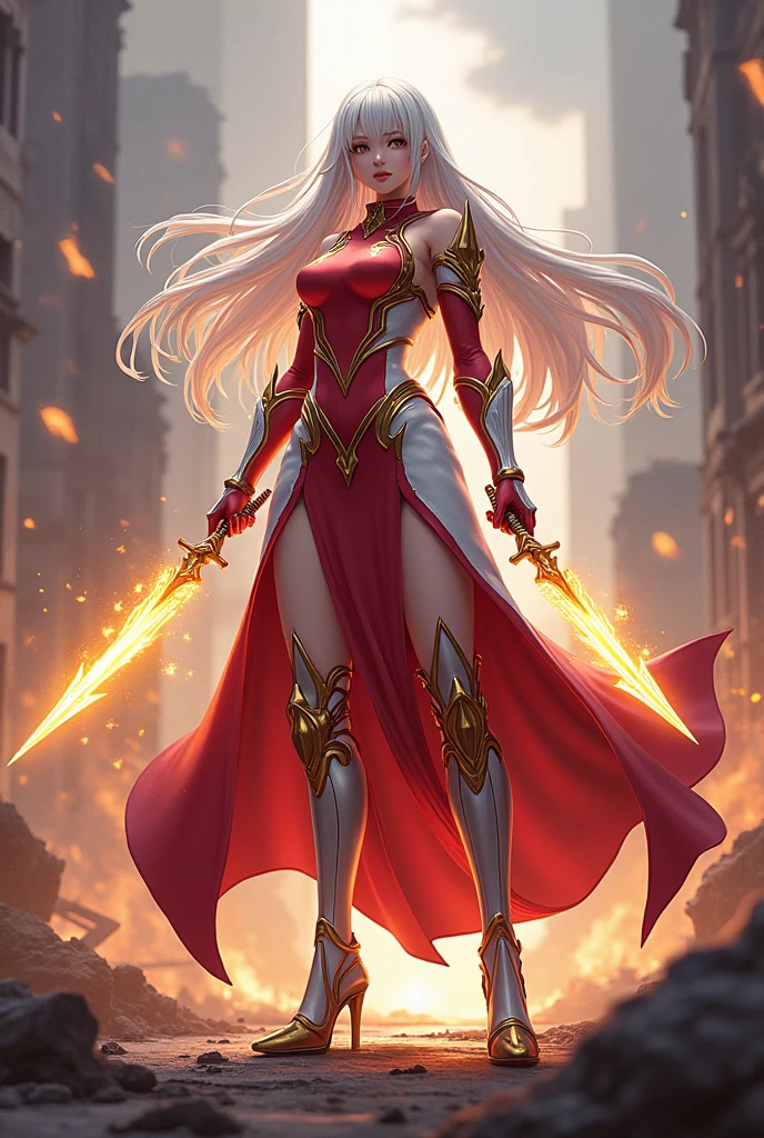 woman strong, Red and white transparent armor, long skirt and silver shoes. Daggers with bright intense golden boots. White hair
Scene of destruction, anime styling