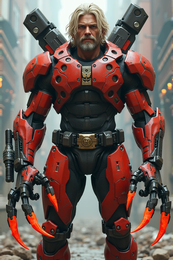 Make a man with blond hair and beard with a robotic body, This man has 4 large mechanical claws coming out of his back, a minigun heavy machine gun on his left shoulder, and claws coming out of plasma hands. Although his body is robotic, his face is partly human, with only his right eye being robotic.(he is red).
