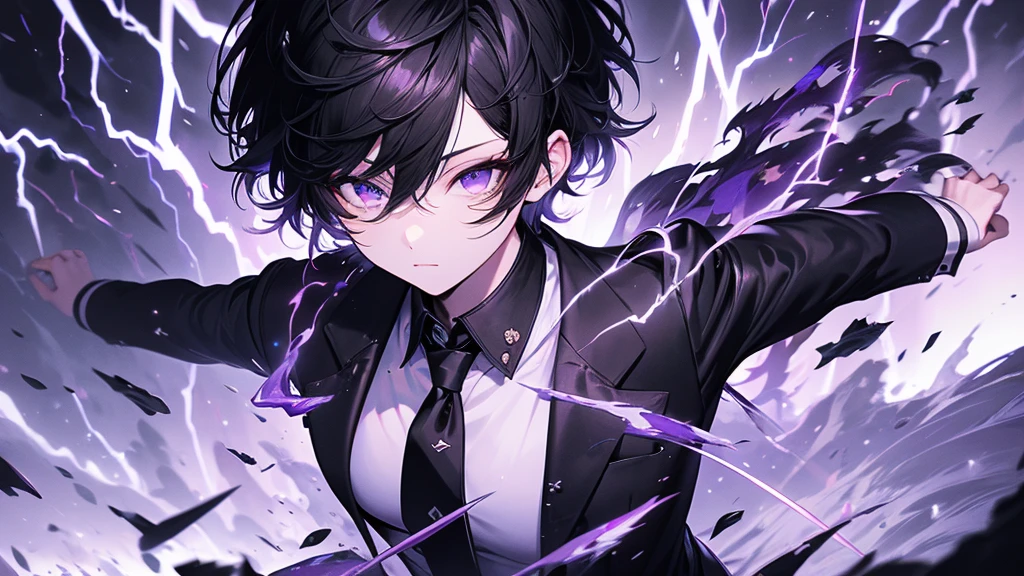 (masterpiece, Highest quality, Super detailed,8k), earthquake, (lightning, storm) 1 person, (Brave), (Muscular, Trained), (black) short hair, Purple eyes, Torn clothes, black jackets, White shirt, black necktie, 