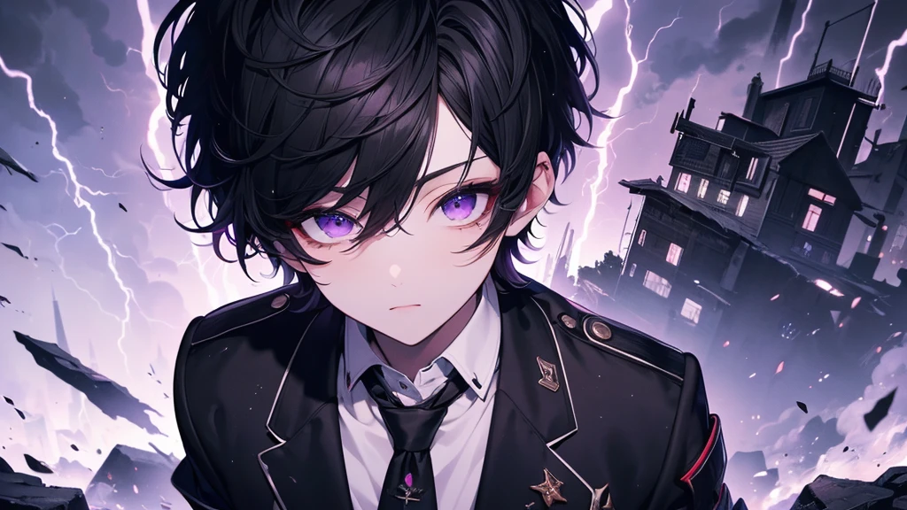 (masterpiece, Highest quality, Super detailed,8k), earthquake, (lightning, storm) 1 person, (Brave), (Muscular, Trained), (black) short hair, Purple eyes, Torn clothes, black jackets, White shirt, black necktie,