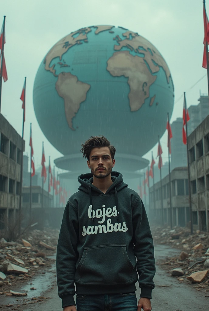 very realistic, Draw a picture of a post-apocalyptic scene where a handsome man wearing a hoodie that says "bojes sambas" and emo-style hair is standing in the middle of the ruins while smoking on a pespa motorbike. Behind the man was a large world shaped building that looked damaged and fragmented, giving the impression of being run down and abandoned. and there are red and white flags, a rainstorm atmosphere, and a calm color palette to add a dystopian feel, 8k ultra full HD.