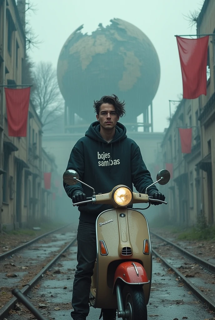 very realistic, Draw a picture of a post-apocalyptic scene where a handsome man wearing a hoodie that says "bojes sambas" and emo-style hair is standing in the middle of the ruins while smoking on a pespa motorbike. Behind the man was a large world shaped building that looked damaged and fragmented, giving the impression of being run down and abandoned. and there are red and white flags, a rainstorm atmosphere, and a calm color palette to add a dystopian feel, 8k ultra full HD.