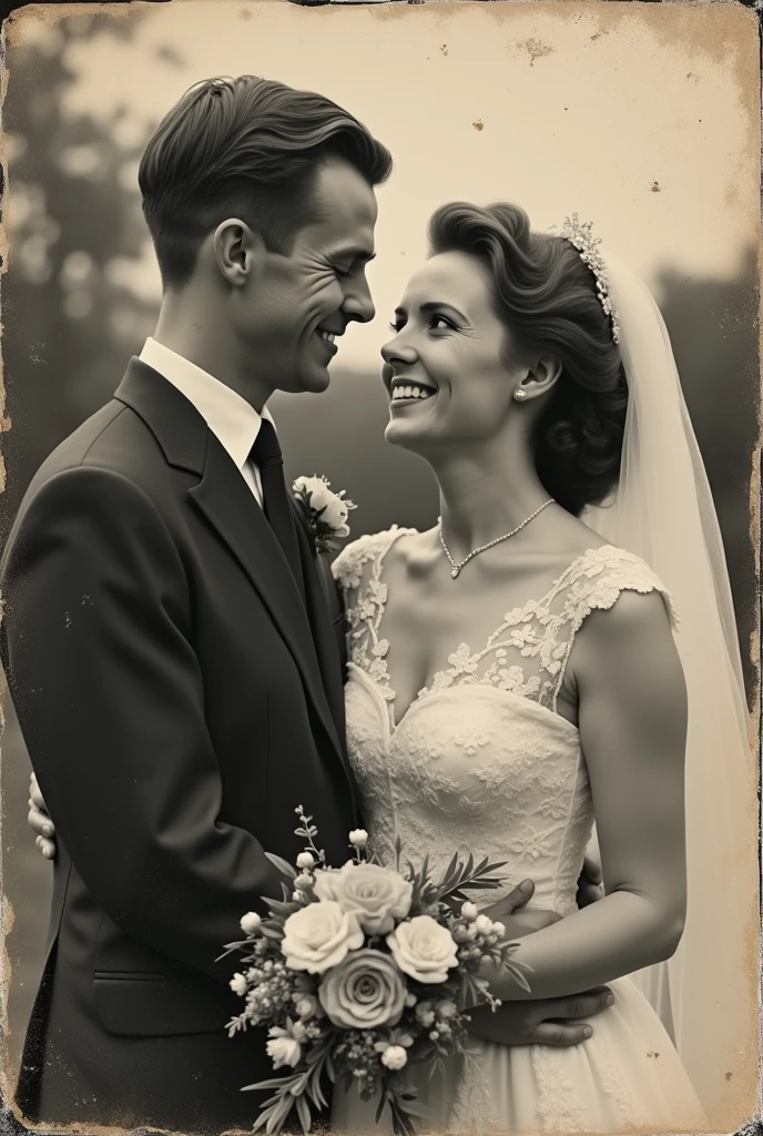 Old, worn-out black and white photograph from the 1960s, of a Polish couple on their wedding day, wedding photoshoot, close-up portrait, taken by a professional photographer, outdoor setting, smiles on their faces, full of joy, highly visible scratches, tears, rips, and damage, aged, vintage look