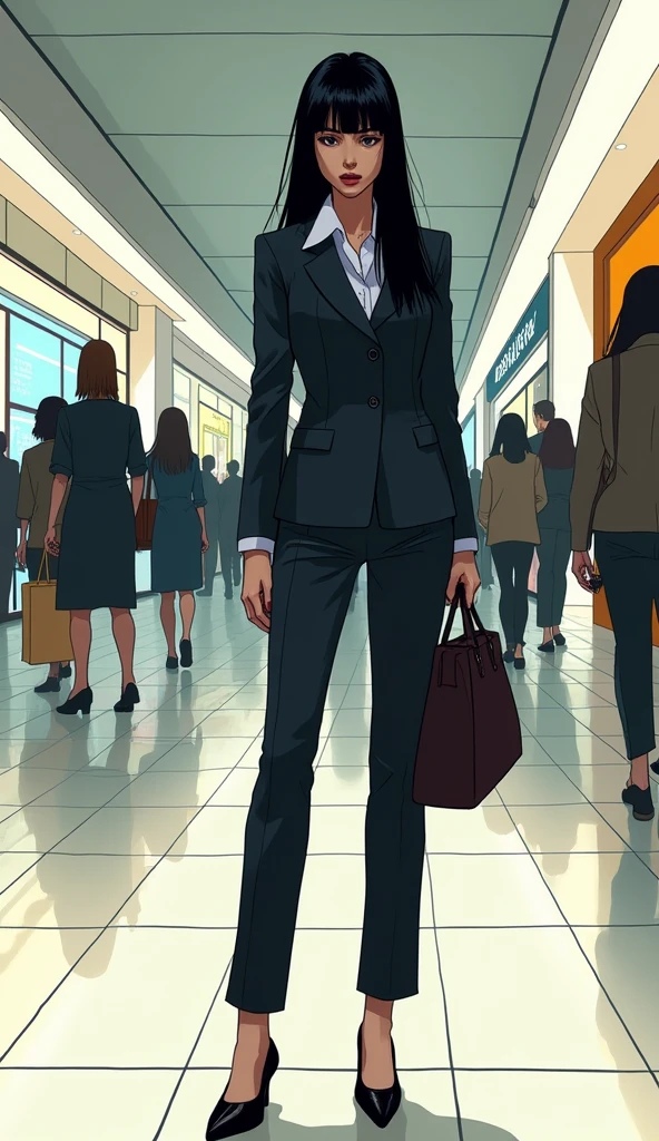 ((A woman with long hair)),In the mall,Shopping,Black straight hair,Ladies suits,((Cold expression)),Japanese comic style,Bend down to pick up the handbag that fell on the ground.