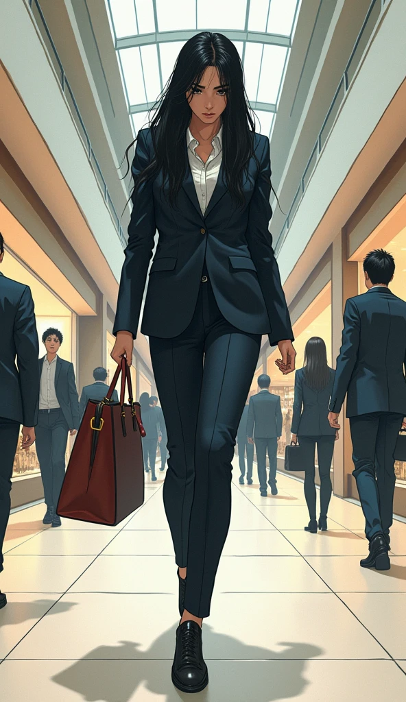 ((A woman with long hair))，In the mall，Shopping，Black straight hair，Ladies suits，((Cold expression))，Japanese comic style，Bend down to pick up the handbag that fell on the ground.