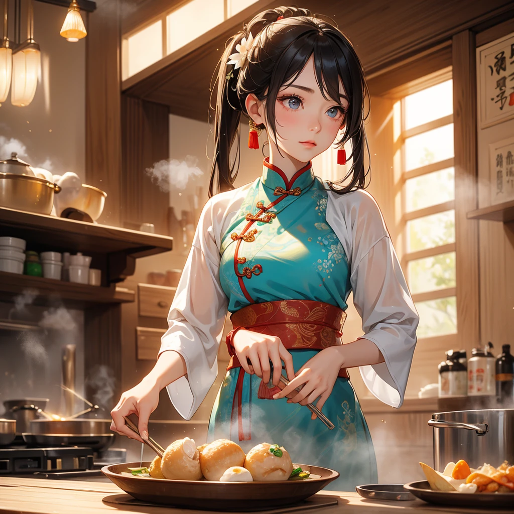 Beautiful girl in ancient Chinese costume Standing and cooking in the kitchen, in the middle of the day. The sun shines on my face, my eyes sparkle. There is a place for steaming steamed buns nearby, close up.