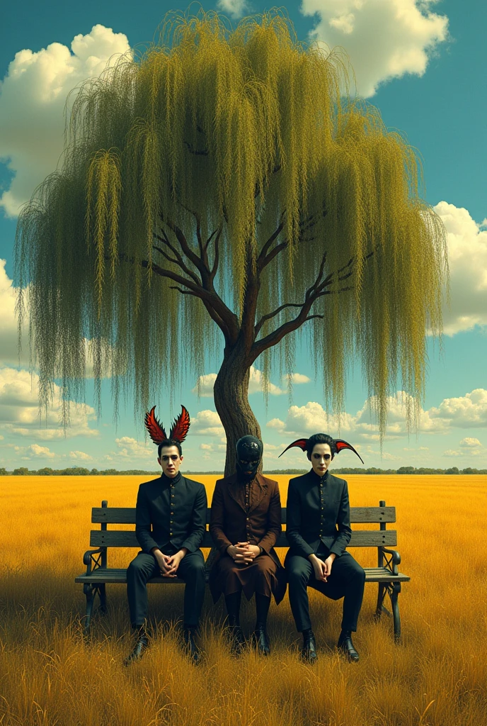 Dark Art In the heart of an endless golden prairie, under a Surreal Weeping Willow Tree with the beautiful Surreal clouds floating in the sky, sat a peculiar trio on a worn wooden bench. They were Incognito, each with a story etched in their painted faces. using Minimalism and Japanese Surrealism mix, using bright complimentary iridescent metallic colors to emphasize or highlight details, without facial hotspots, very high quality and fine details, 32k