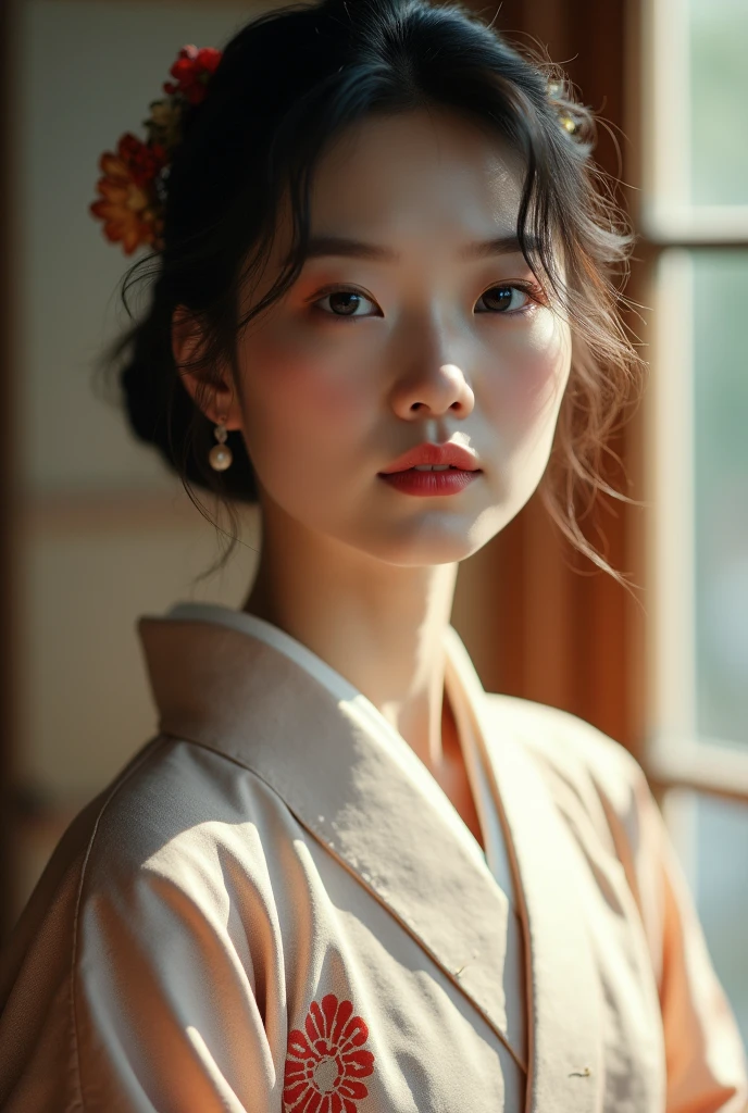 An elegantly dressed Japanese woman in natural light、A close-up of her chest and calm expression.、It shows her inner peace and outer charm.。
