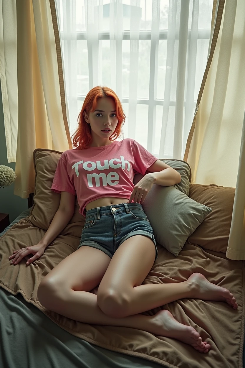 A young redhead woman lying on a bed wearing a pink shirt with white words "Touch me". (She points with her index finger at her shorts:1.5). She lies on her side. Full body shot, top view, jeans shorts. Bare legs. Visible bare feet. Colored sheets.